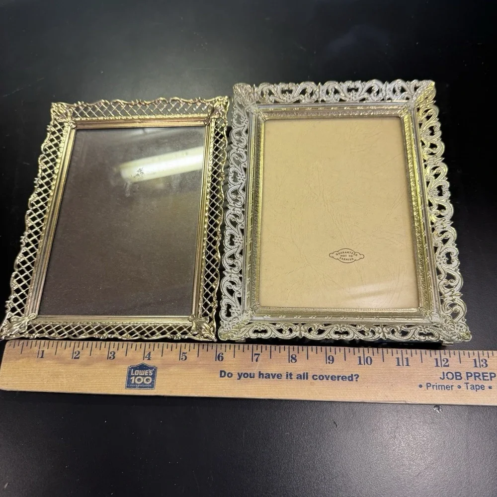 2 Vintage Fancy Gold Metal Filigree Ornate Picture Frame 5 X 7 with Clear Glass